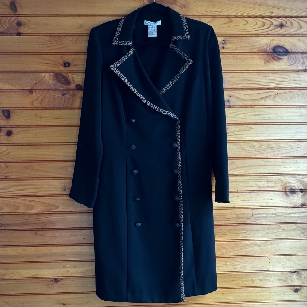 Vintage 90s Dress Barn Leopard Trim Blazer Dress Belted Black Midi 12 - Picture 3 of 16